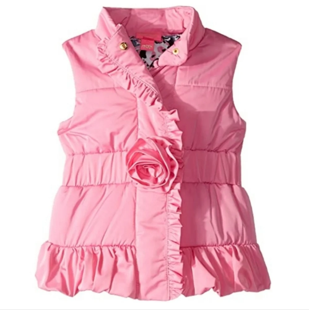 Lilly Pulitzer CAYLEE Pink Puffer Vest Rosette Ruffle  Snap Activewear Barbie - Picture 2 of 9